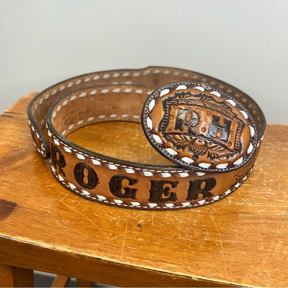 Tony Lama Other - Vintage Roger RH Brown Leather Belt Custom Buckle Tony Lama Western Southwestern